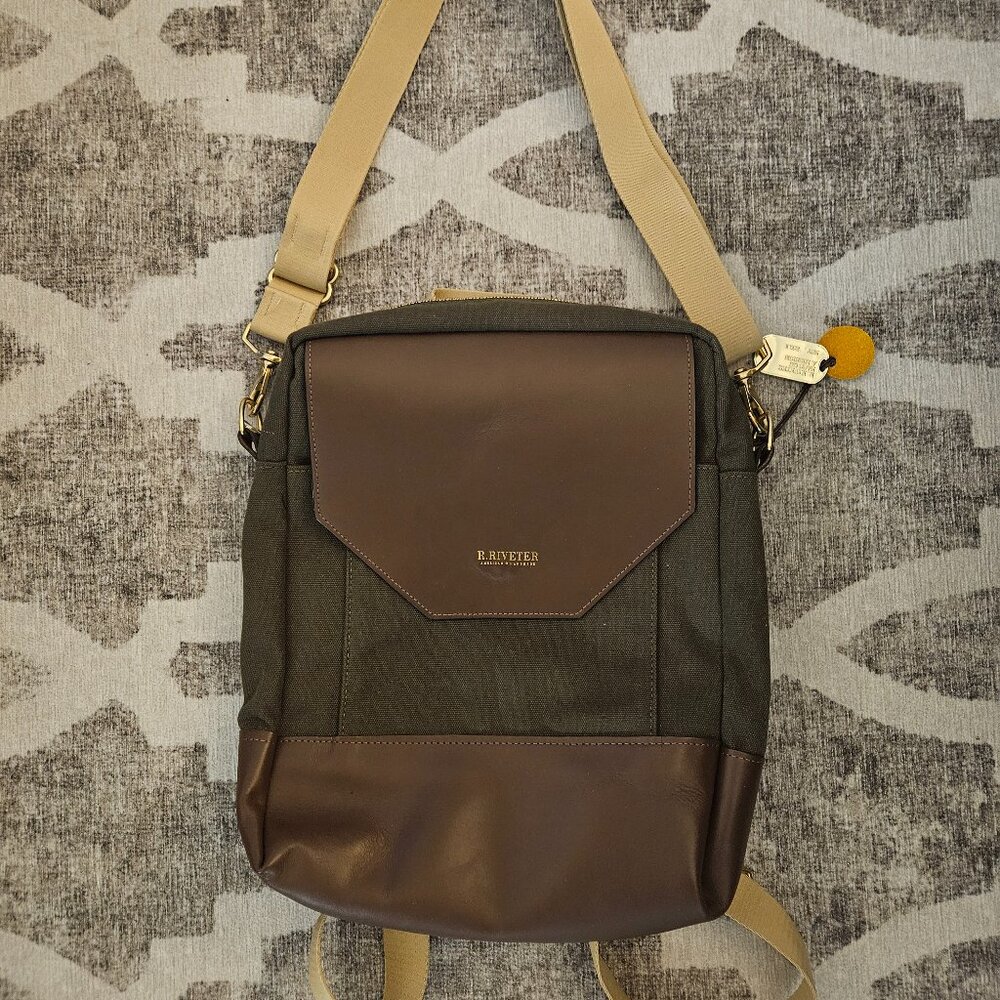 R. Riveter The Corbin Backpack in Signature Fatigue Canvas + Tan Leather